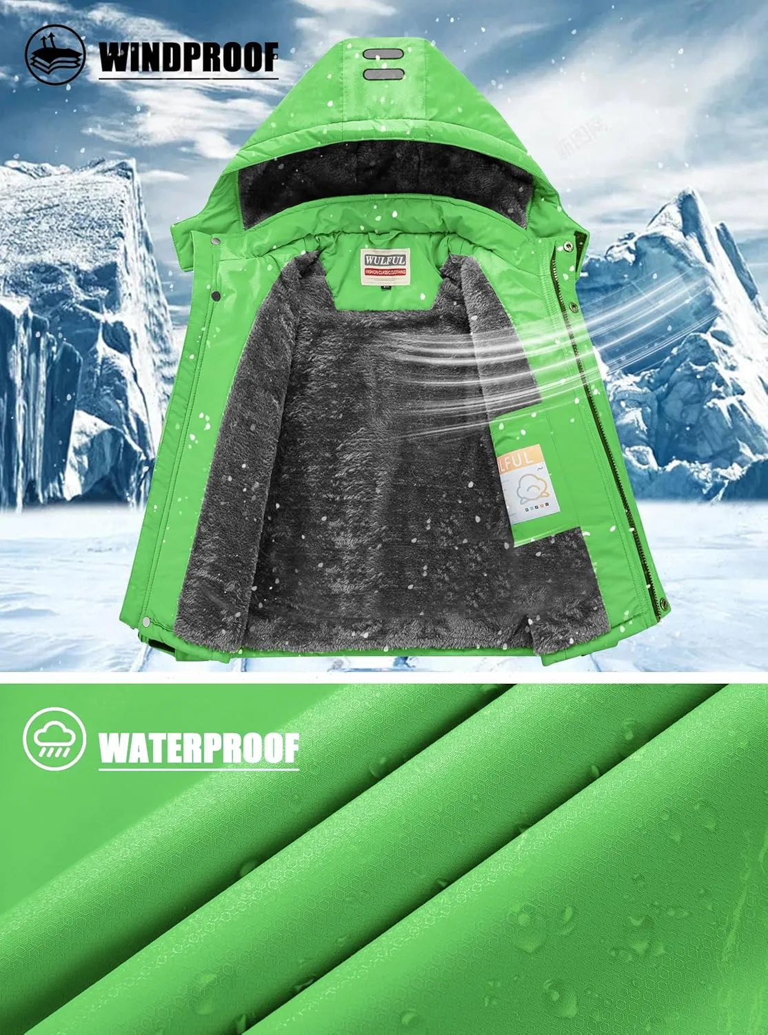 WULFUL Boy's Waterproof Ski Coat Winter Warm Snow Coat with Hood
